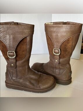 UGG AUSTRALIA BROWN LEATHER & SHEEPSKIN SIDE BUCKLE  ZIP VERY WARM BOOTS SZ 11